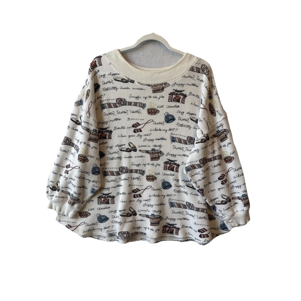 Earth Angels Cream Waffle Knit Thermal Cozy Vibe Print Lounge Top 2X Sleep Comfy